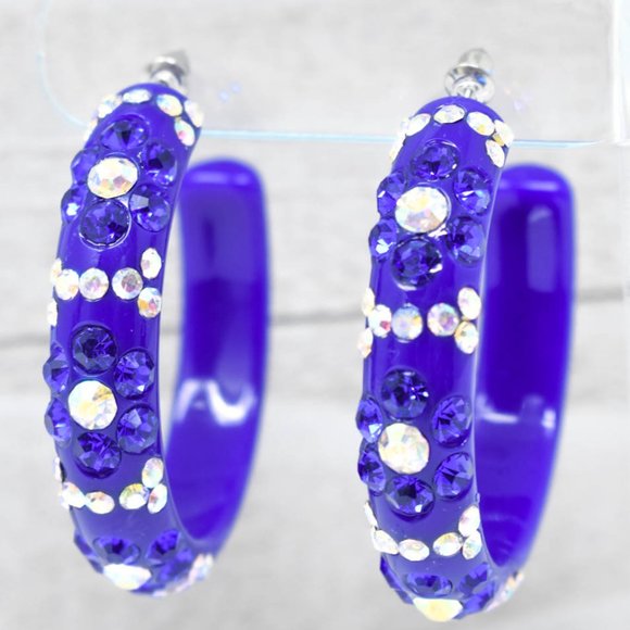 2" Flower Pattern Royal Lucite Rhinestone Earrings - Picture 9 of 12